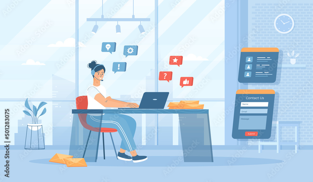 Aufkleber customer service, problem solving, client support. operator answer for clients calling. flat cartoon