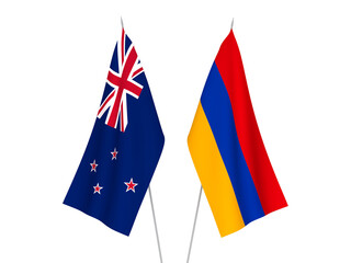 National fabric flags of Armenia and New Zealand isolated on white background. 3d rendering illustration.