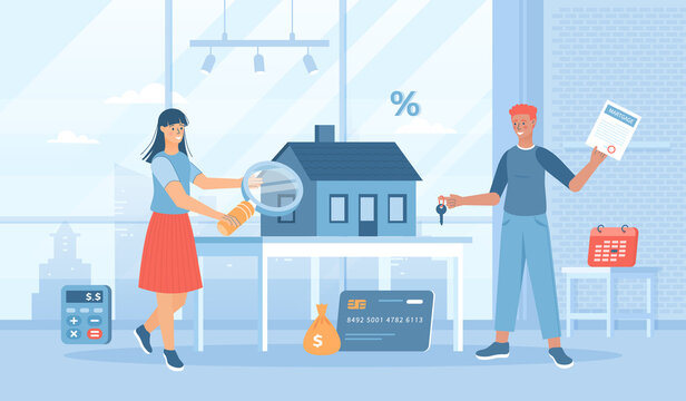 Mortgage, Credit Agreement. Calculation Of Loan Repayment, Home Value. Flat Cartoon Vector Illustration With People Characters For Banner, Website Design, Landing Web Page