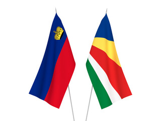 National fabric flags of Seychelles and Liechtenstein isolated on white background. 3d rendering illustration.