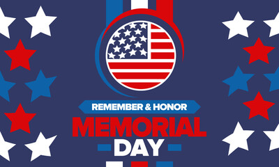 Memorial Day in United States. Remember and Honor. Federal holiday for remember and honor persons who have died while serving in the United States Armed Forces. Celebrated in May. Vector poster