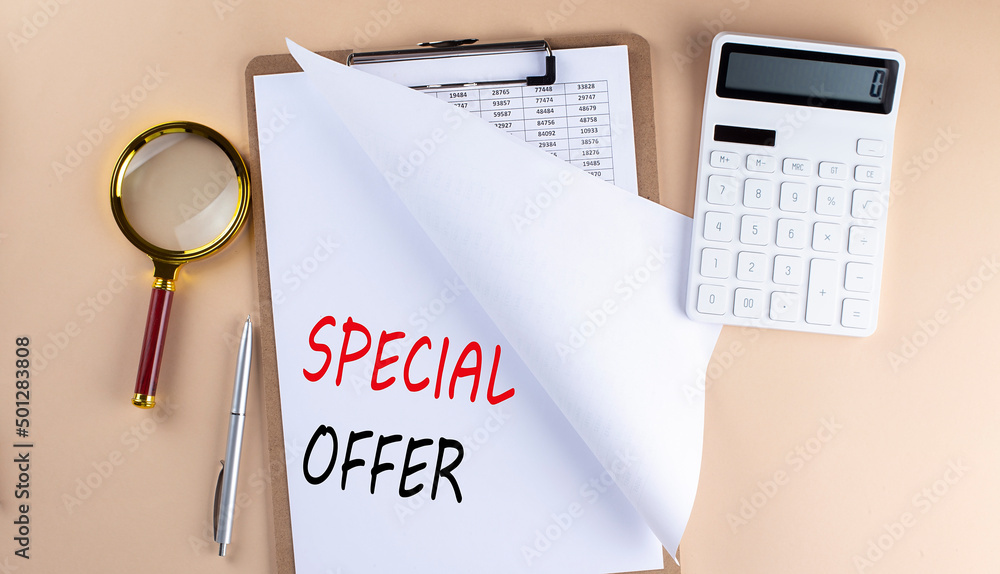 Aufkleber clipboard with chart and text special offer with magnifier ,calculator on beige background