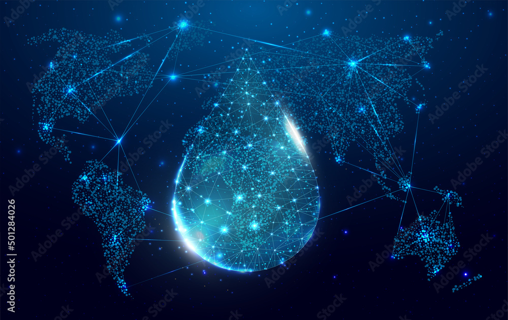 Poster wireframe polygonal water drop with globe map. world water day concept. futuristic modern abstract b