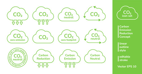 CO2 emission reduction outline icon set bundle. Carbon dioxide gas zero footprint, CO2 neutral, greenhouse effect concept. Set of different ecology environment linear certificate, label, symbol, sign.