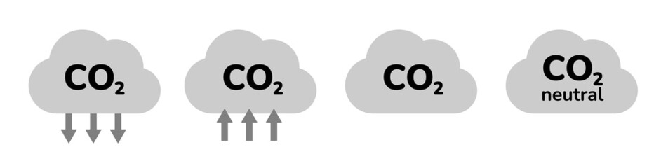 CO2 emission reduction icon set. Global warming, atmosphere pollution improvement. Carbon gas zero footprint, ecology environment concept. Flat vector illustration cloud certificate label set.