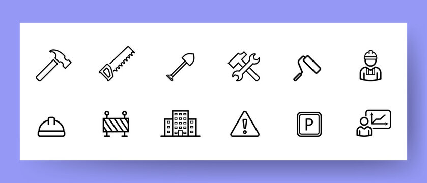 Construction set icon. Hammer, saw, shovel, roller, builder, building, dangerous, parking, project, helmet. ?onstructing concept. Vector line icon for Business and Advertising