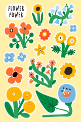 Beautiful Floral sticker set. Hand drawn Flowers collection. Printable different flowers template, perfect for stationery