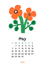 Beautiful Floral Calendar - May 2023. Botanical printable Vector template. Monthly calendar with hand drawn Flower.