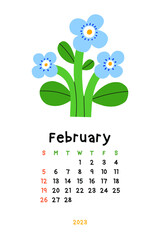Beautiful Floral Calendar - February 2023. Botanical printable Vector template. Monthly calendar with hand drawn Flower.