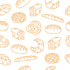 Bread bakery seamless pattern background. Vector line illustration. - obrazy, fototapety, plakaty