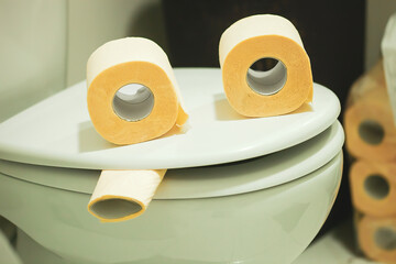Funny smoking face made from toilet paper rolls on toilet bowl. Crazy anthropomorphic smiley face