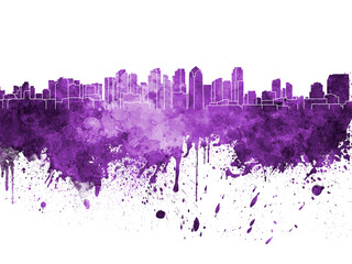 Fototapeta na wymiar San Diego skyline in purple watercolor on white background