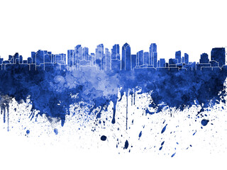 San Diego skyline in blue watercolor on white background