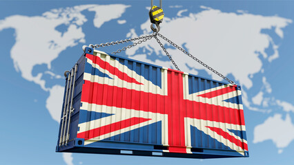 Britische Exportwirtschaft - Container mit UK Flagge und Weltkarte im Hintergrund