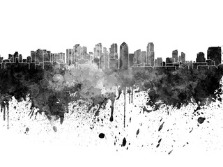 San Diego skyline in black watercolor on white background