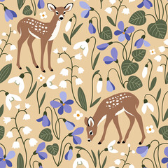 Seamless vector pattern with cute fawn on spring floral background. Perfect for textile, wallpaper or print design. 