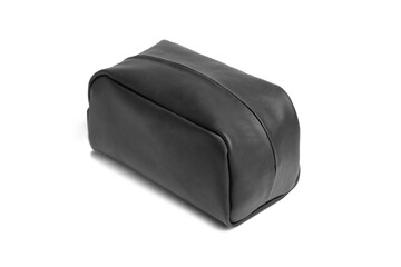 Black leather vanity case with zipper isolated on white background.  Cosmetic bag. Unisex toiletry...
