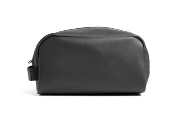 Black leather vanity case with zipper isolated on white background.  Cosmetic bag. Unisex toiletry bag. - obrazy, fototapety, plakaty