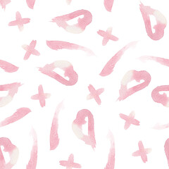 Watercolor seamless pattern with pink hearts and symbols isolated.