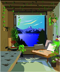 Cozy home interior windows. Midday view from window of mountain and snow on top of mountain and pine trees across blue lake. Potted plants on the windowsill. Books and hanging plants. Vector cartoon 