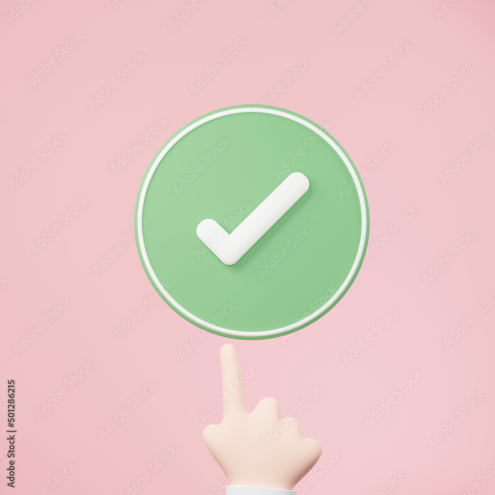 Poster 3d rendering of green tick sign icon on clean background for mock up and web banner. cartoon interfa
