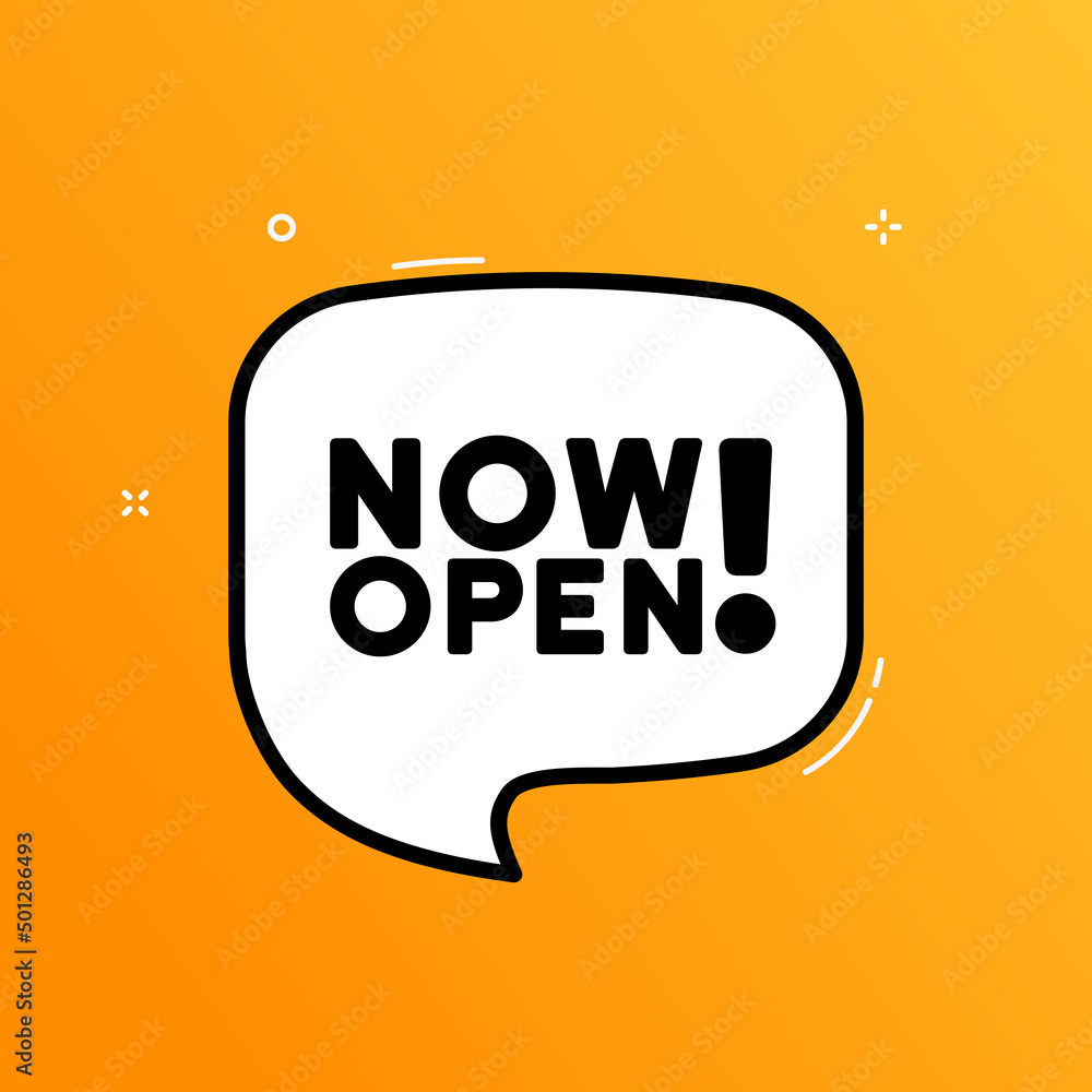 Poster speech bubble with now open text. boom retro comic style. pop art style. vector line icon for busine