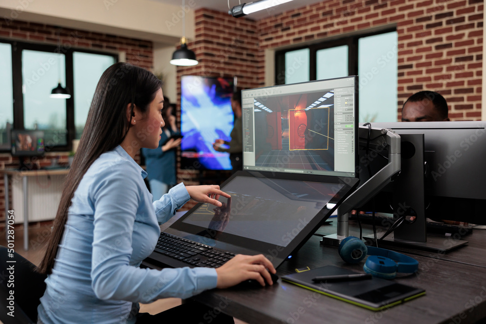 Poster creative company game developer sitting in production department while developing 3d videogames scen