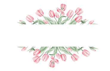 Border with watercolor bouquet of tulips isolated on a transparent background.
