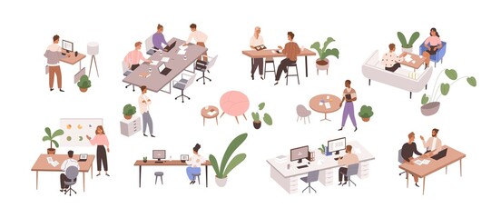 People at office work set. Business workers, employees at workplaces with desk, computers. Men, women colleagues at corporate lifestyle scenes. Flat vector illustrations isolated on white background