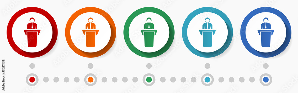Poster speaker, presentation concept vector icon set, infographic template, flat design circle colorful web