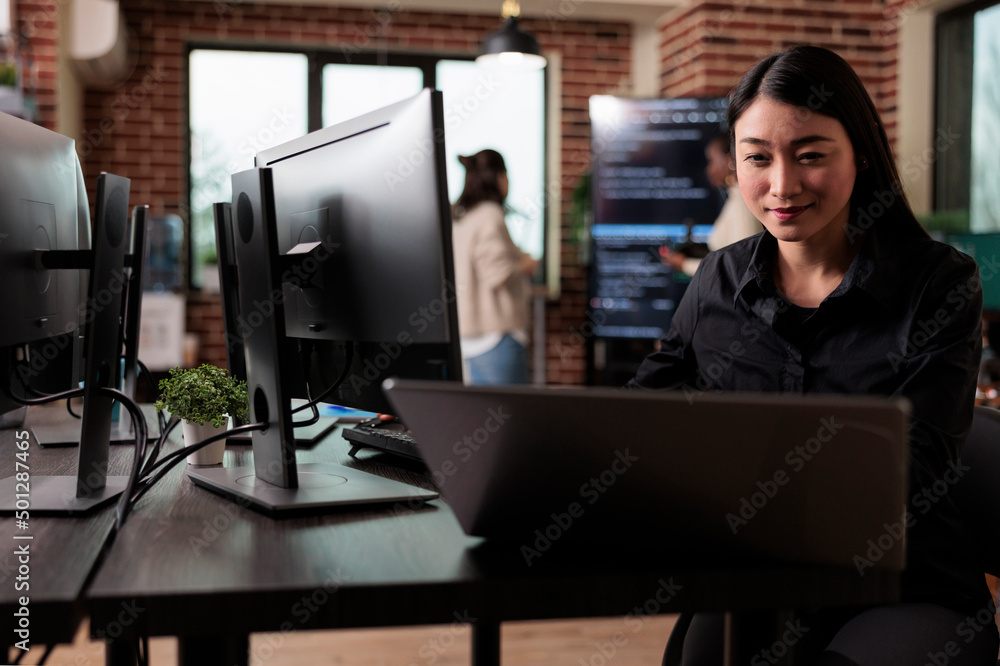 Poster confident cyber security officer accesing administrator rights by bypassing firewall defence system.