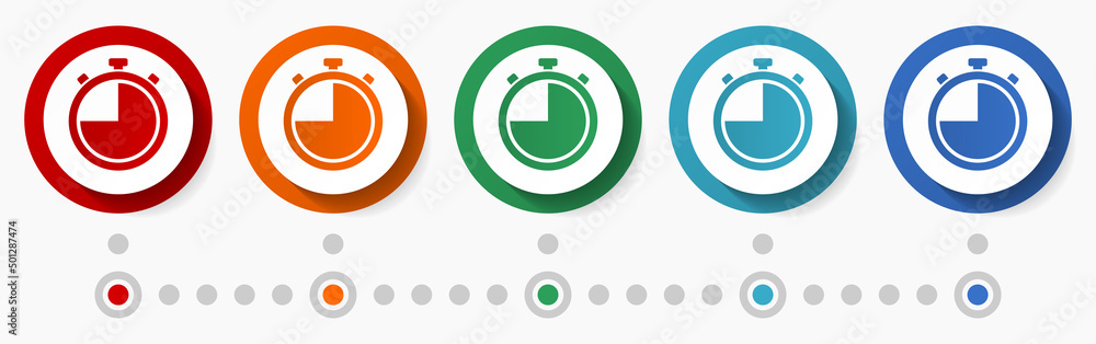 Poster Stopwatch concept vector icon set, infographic template, flat design circle colorful web buttons in 5 color options