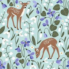  Seamless vector pattern with cute fawn on spring floral background. Perfect for textile, wallpaper or print design.