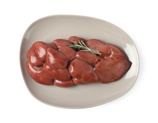 Fresh raw kidney meat with rosemary isolated on white, top view