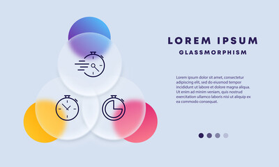 Time set icon. Alarm clock, clock, stopwatch, timer, reminder. Punctuality concept. Glassmorphism style. Vector line icon for Business and Advertising