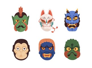 Japan noh masks set. Kabuki theater evil devils, animals, monsters faces. Asian oriental heads of demon, kitsune, hannya, fudo, korobase. Flat graphic vector illustrations isolated on white background