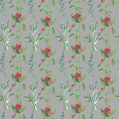 Watercolor seamless pattern with red lingonberries on an isolated gray background.Autumn,textured,hand painted Christmas print.Designs for wrapping paper,packaging,textiles, scrapbooking,printing.