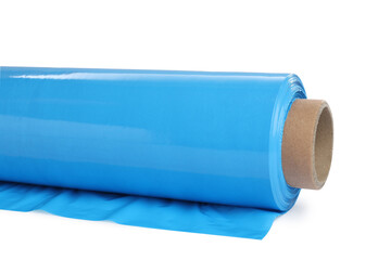 Roll of light blue stretch wrap isolated on white, closeup