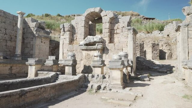 Scenic ruins of the nymphaeum (nymphaion) in Perge (Perga)