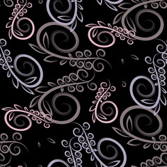 Vector seamless floral pattern with decorative leaves and pink abstract curls for textile design, fabric, scarves, shawl, hijab.