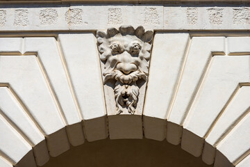 Brescia. Closeup of Medieval Broletto Palace (Palazzo Broletto or Palazzo del Governo), XII-XXI...