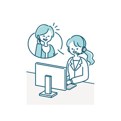 コールセンターで働く女性オペレーターのイラスト素材（シニア女性と会話）
