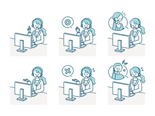 コールセンターで働く女性オペレーターのイラスト素材セット