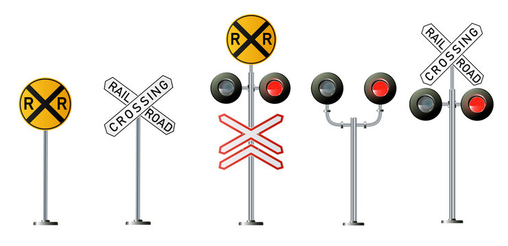 Railway signs set isolated on a white background. Vector railroad traffic light