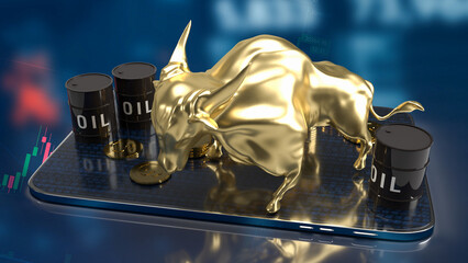 The oil tank and gold bull on tablet for business concept 3d rendering