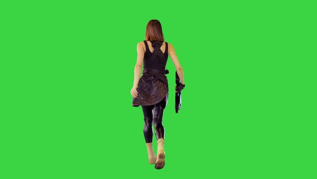 Anime-character girl runs with a machine gun in hands on a Green Screen, Chroma Key.