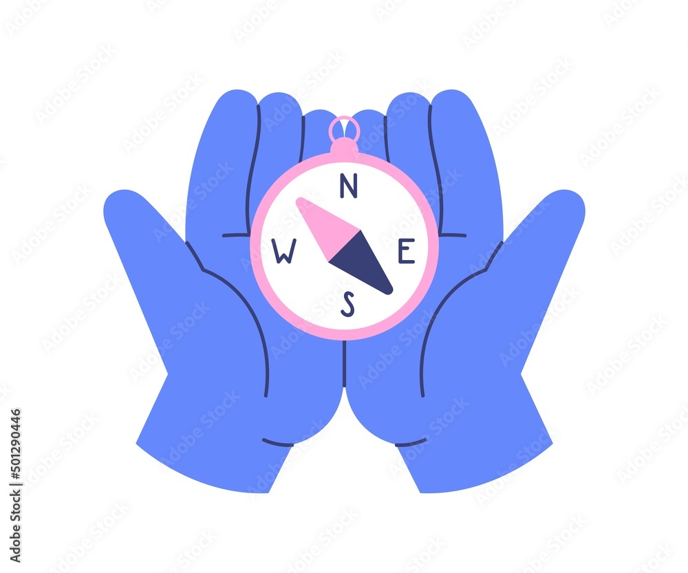 Poster Compass in hands icon. Arms holding navigation tool, searching way, direction with arrows, navigating. Geographical orientation, guidance concept. Flat vector illustration isolated on white background