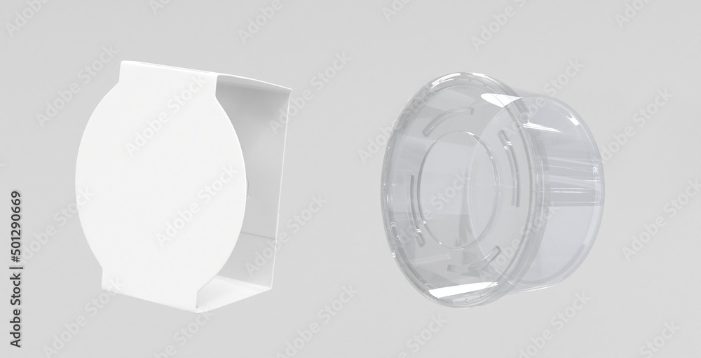 Poster 3d clear round plastic food container with closed lid and white cardboard label, angle view. realist