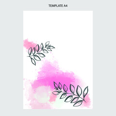 pink floral water color A4 tepmplate isolated