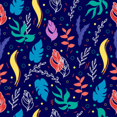 colorful leaves illustration on blue background. hawaiian sytle. hand drawn vector. seamless pattern with tropical leaf. retro background. wallpaper, fashion printing, fabric, textile, backdrop. 